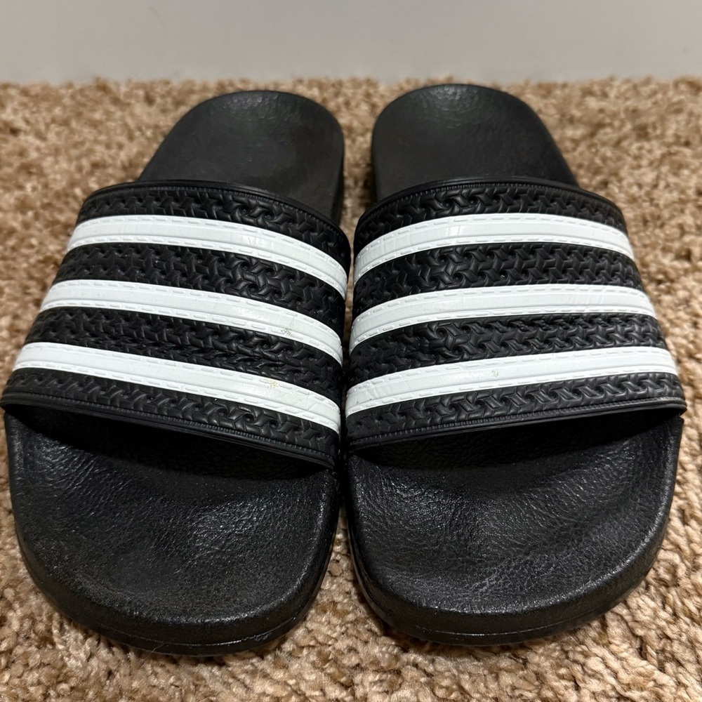 Adidas Adilette Slides – Black with White Stripes – Women’s 6